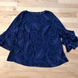 CHAPS Ralph Lauren Flutter Bell Sleeve Top Sz 1X Sheer Paisley Print